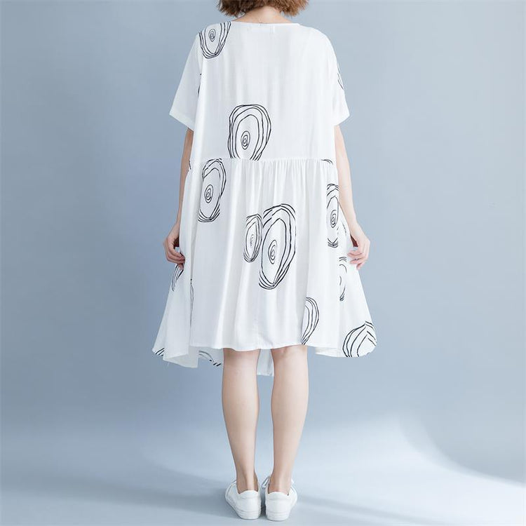 top quality white cotton dress Loose fitting traveling clothing Elegant short sleeve asymmetric O neck baggy dresses print cotton dresses - Omychic