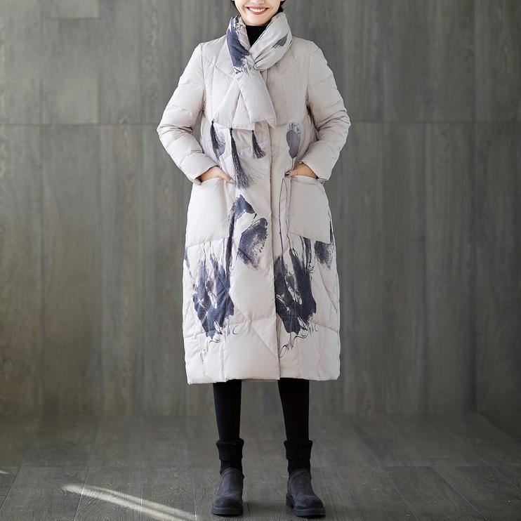 top quality white print down coat trendy plus size tassel down jacket Luxury pockets down coat - Omychic