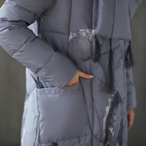 top quality white print down coat trendy plus size tassel down jacket Luxury pockets down coat - Omychic