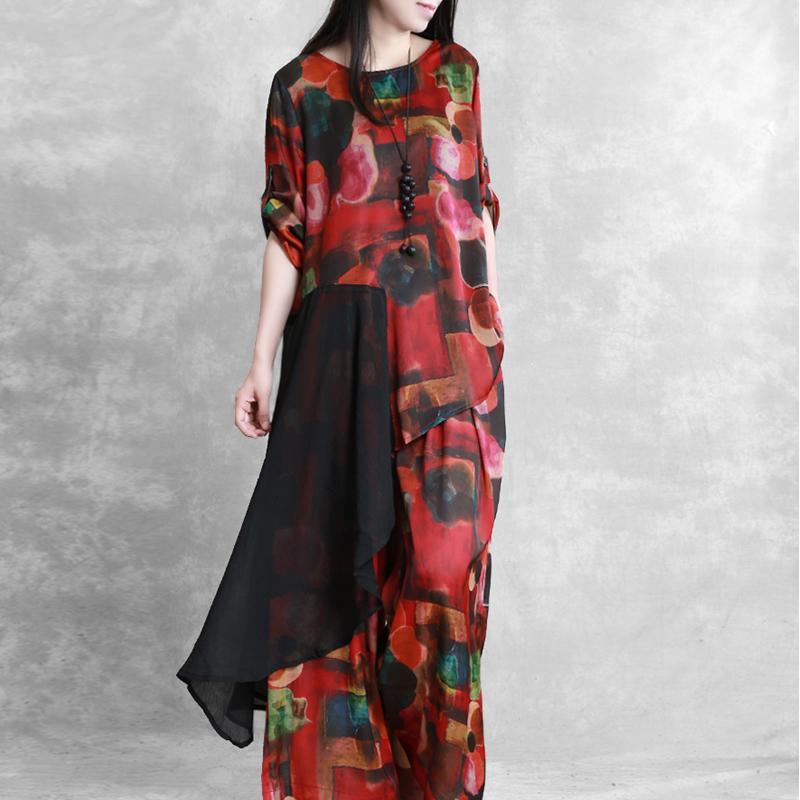 top quality women silk red prints two pieces asymmetric patchwork tops and wide leg pants - Omychic