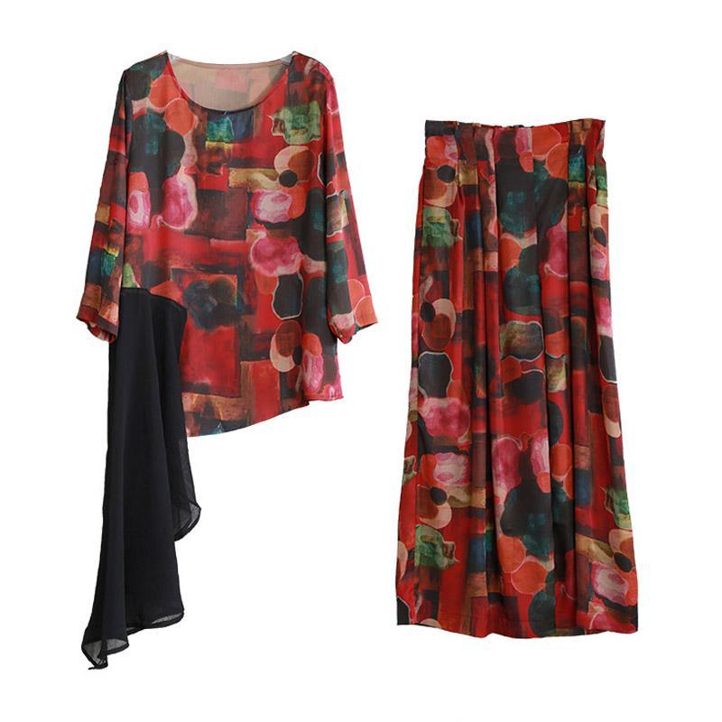 top quality women silk red prints two pieces asymmetric patchwork tops and wide leg pants - Omychic