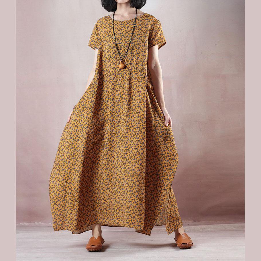 top quality yellow print natural linen dress plus size clothing O neck side open  traveling clothing women short sleeve maxi dresses - Omychic
