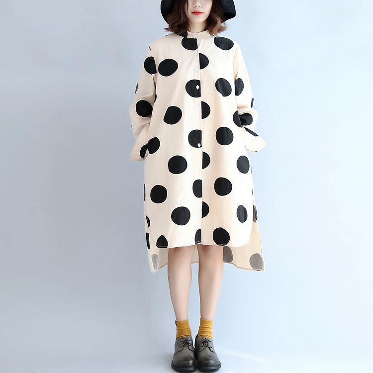 Top Quality Beige Dotted Long Cotton Dress Loose Fitting Low High Design Cotton Gown Women Lapel Collar Traveling Clothing - Omychic
