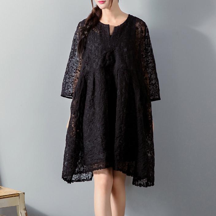 top quality black  Midi lace dresses plus size clothing lace clothing dress women loose waist big hem cotton clothing - Omychic