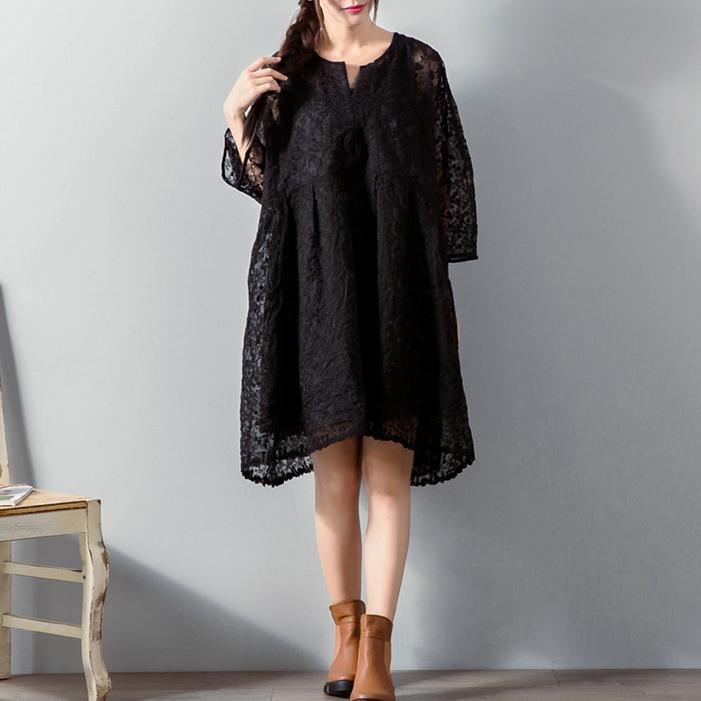 top quality black  Midi lace dresses plus size clothing lace clothing dress women loose waist big hem cotton clothing - Omychic