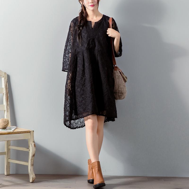 top quality black  Midi lace dresses plus size clothing lace clothing dress women loose waist big hem cotton clothing - Omychic