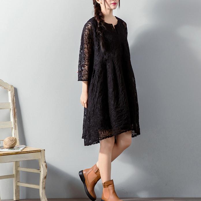 top quality black  Midi lace dresses plus size clothing lace clothing dress women loose waist big hem cotton clothing - Omychic