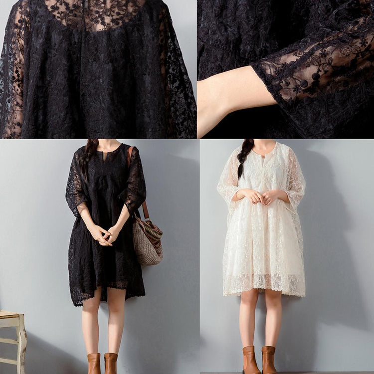 top quality black  Midi lace dresses plus size clothing lace clothing dress women loose waist big hem cotton clothing - Omychic