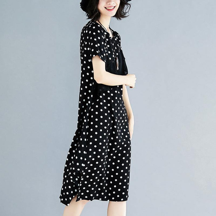 top quality black dotted  pure cotton dresses  casual holiday dresses top quality short sleeve patchwork cotton dress - Omychic