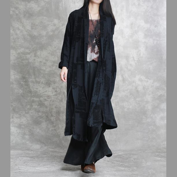 top quality black linen coat plus size jacquard asymmetric vintage cotton cardigans - Omychic