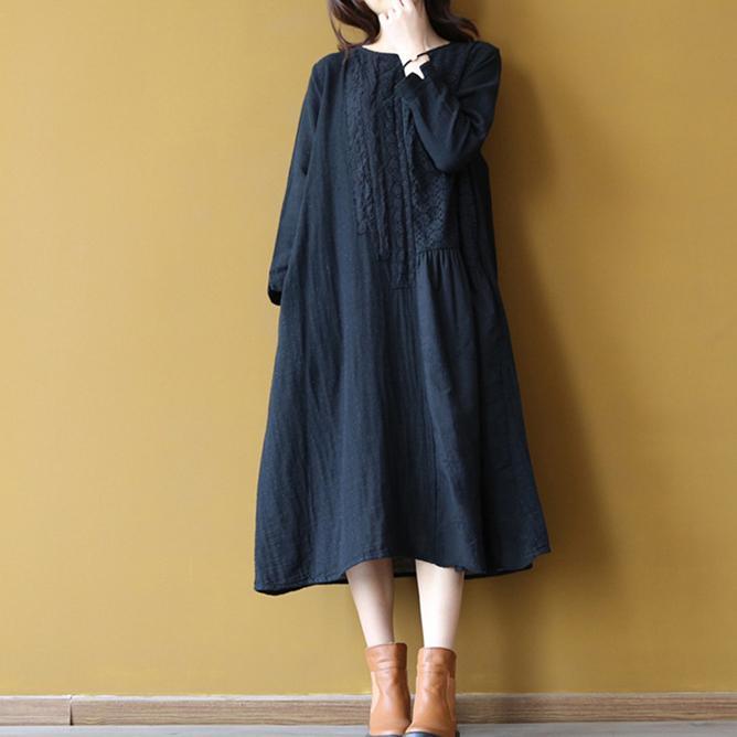 Top Quality Black Linen Dress Plus Size O Neck Cotton Maxi Dress Elegant Hollow Out Caftans ( Limited Stock) - Omychic