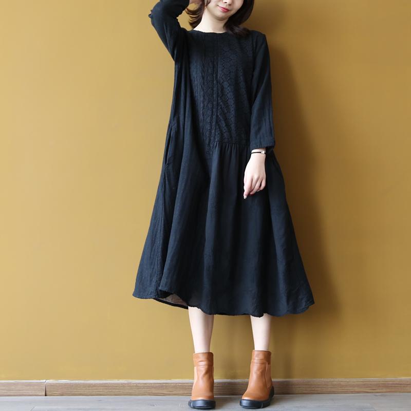 Top Quality Black Linen Dress Plus Size O Neck Cotton Maxi Dress Elegant Hollow Out Caftans ( Limited Stock) - Omychic