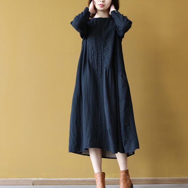 Top Quality Black Linen Dress Plus Size O Neck Cotton Maxi Dress Elegant Hollow Out Caftans ( Limited Stock) - Omychic