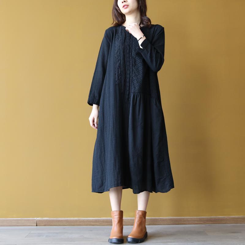 Top Quality Black Linen Dress Plus Size O Neck Cotton Maxi Dress Elegant Hollow Out Caftans ( Limited Stock) - Omychic