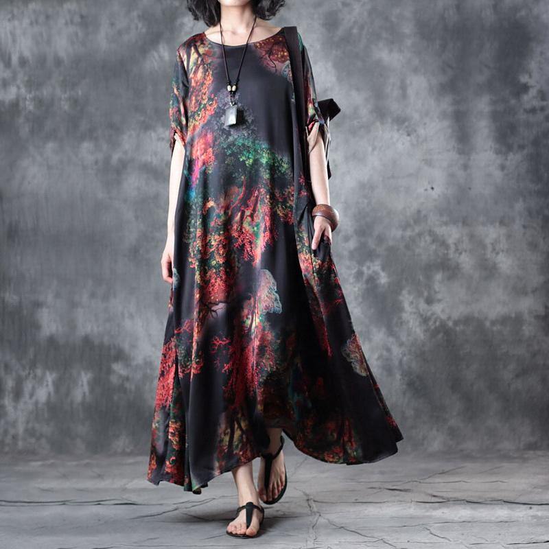 top quality black prints chiffon caftans plus size o neck gown 2018 bracelet sleeved caftans - Omychic