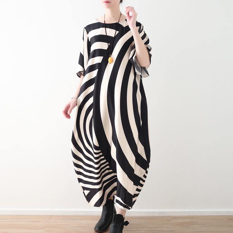 top quality black white asymmetric striped chiffon caftans plus size clothing o neck gown New short sleeve gown - Omychic