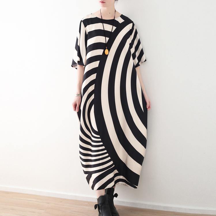 top quality black white asymmetric striped chiffon caftans plus size clothing o neck gown New short sleeve gown - Omychic