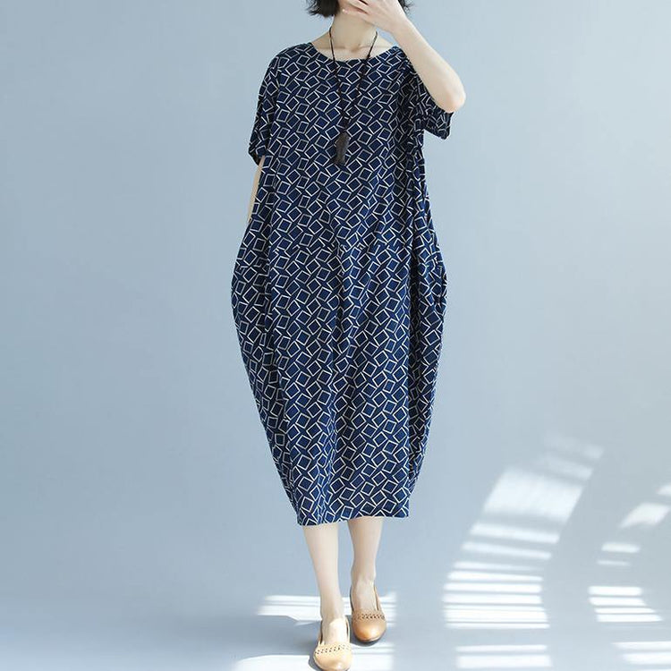 top quality blue asymmetric plaid linen dresses Loose fitting shirt dress New o neck short sleeve linen dresses - Omychic