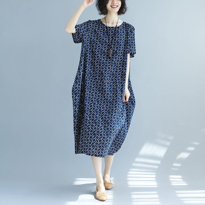 top quality blue asymmetric plaid linen dresses Loose fitting shirt dress New o neck short sleeve linen dresses - Omychic