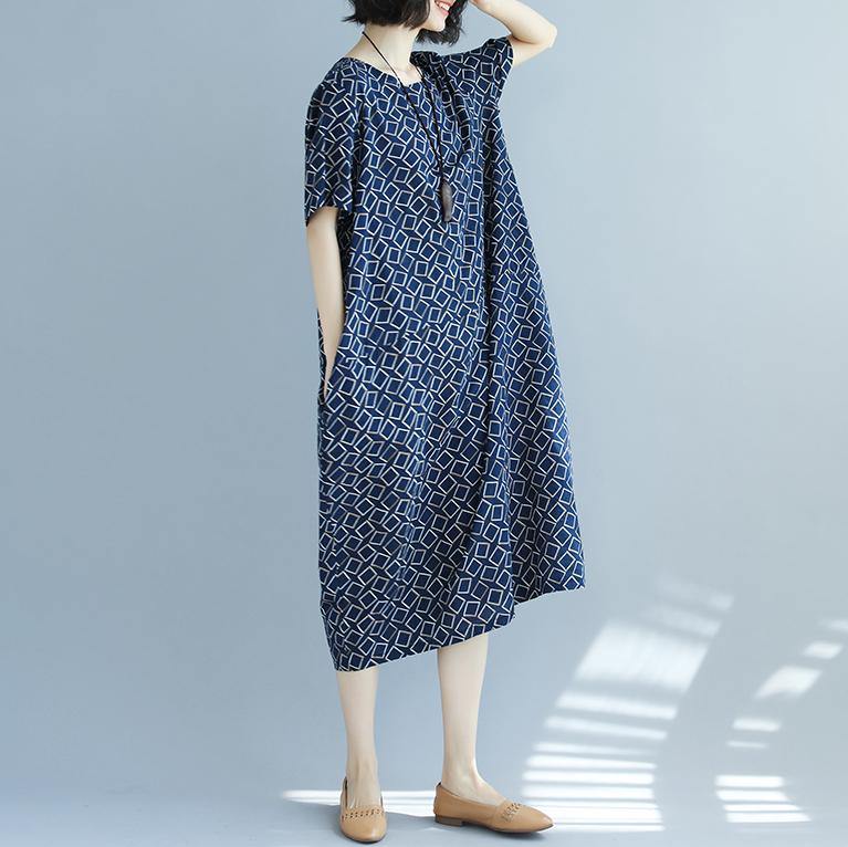 top quality blue asymmetric plaid linen dresses Loose fitting shirt dress New o neck short sleeve linen dresses - Omychic