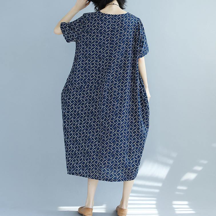 top quality blue asymmetric plaid linen dresses Loose fitting shirt dress New o neck short sleeve linen dresses - Omychic