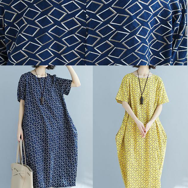 top quality blue asymmetric plaid linen dresses Loose fitting shirt dress New o neck short sleeve linen dresses - Omychic