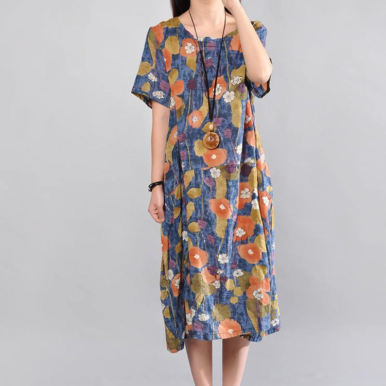 top quality blue linen maxi dress plus size patchwork cotton dresses Elegant prints caftans - Omychic