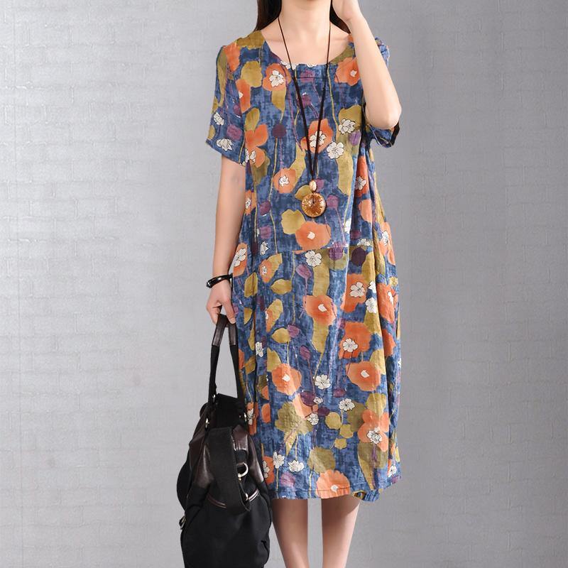 top quality blue linen maxi dress plus size patchwork cotton dresses Elegant prints caftans - Omychic