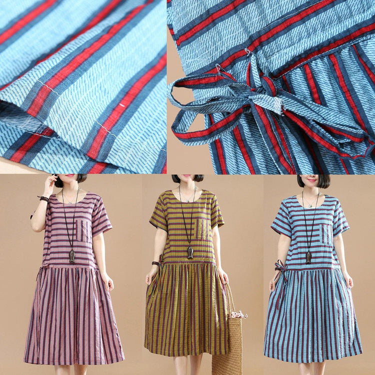 top quality blue striped linen shift dresses oversize linen clothing dresses 2018drawstring short sleeve linen dresses - Omychic