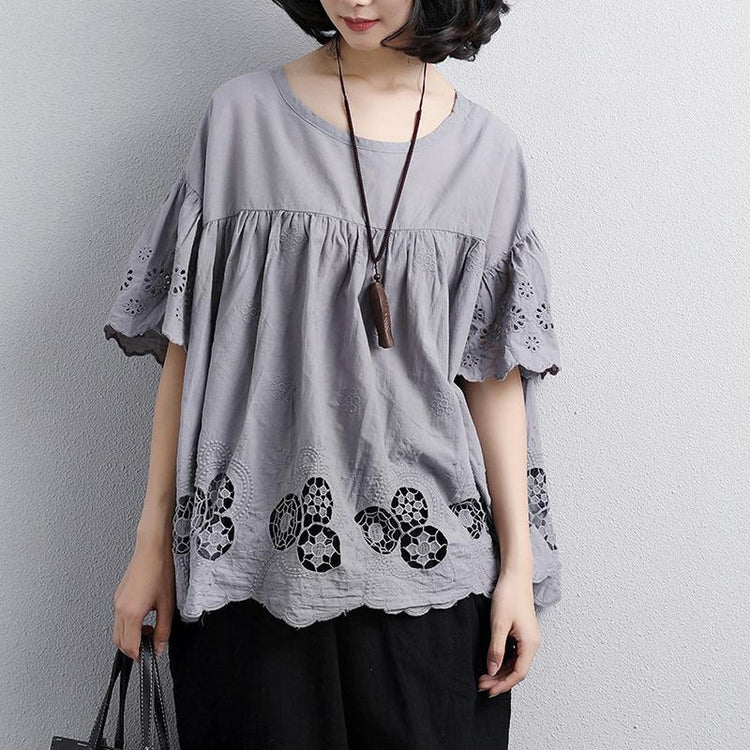 top quality cotton blouse plus size Loose Round Neck Short Sleeve Cotton Gray Tops - Omychic