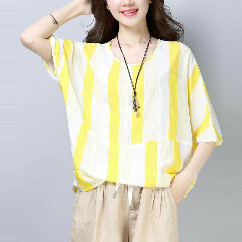 top quality cotton blouses oversized Casual Summer Short Sleeve Yellow Stripe T-shirt - Omychic