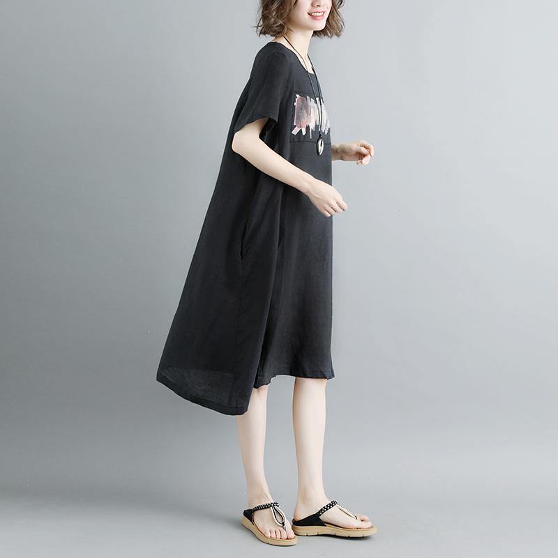 top quality cotton dresses Loose fitting Casual Summer Short Sleeve Black Pockets Slit Dress - Omychic