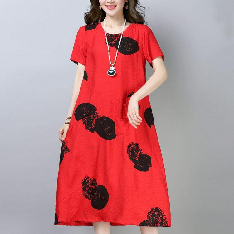 top quality cotton shift dress trendy plus size Casual Short Sleeve Round Neck Printed Red Dress - Omychic