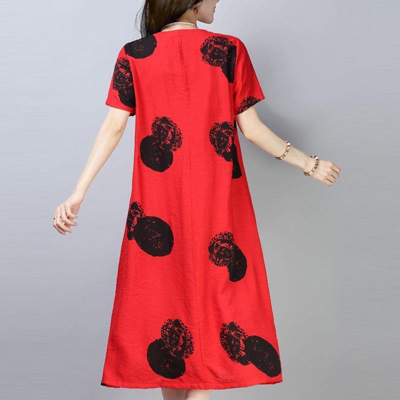 top quality cotton shift dress trendy plus size Casual Short Sleeve Round Neck Printed Red Dress - Omychic
