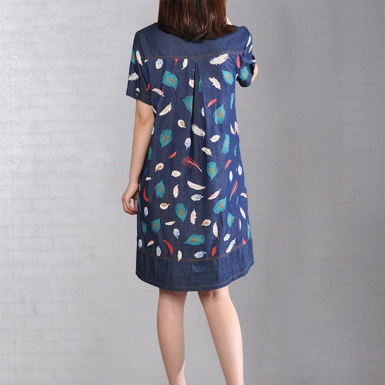 top quality denim blue cotton dresses Loose fitting holiday dresses Elegant prints short sleeve midi dress - Omychic