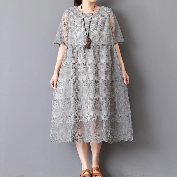 top quality gray knee dress plus size holiday dresses New twp pieces lace embroidery natural linen dress - Omychic