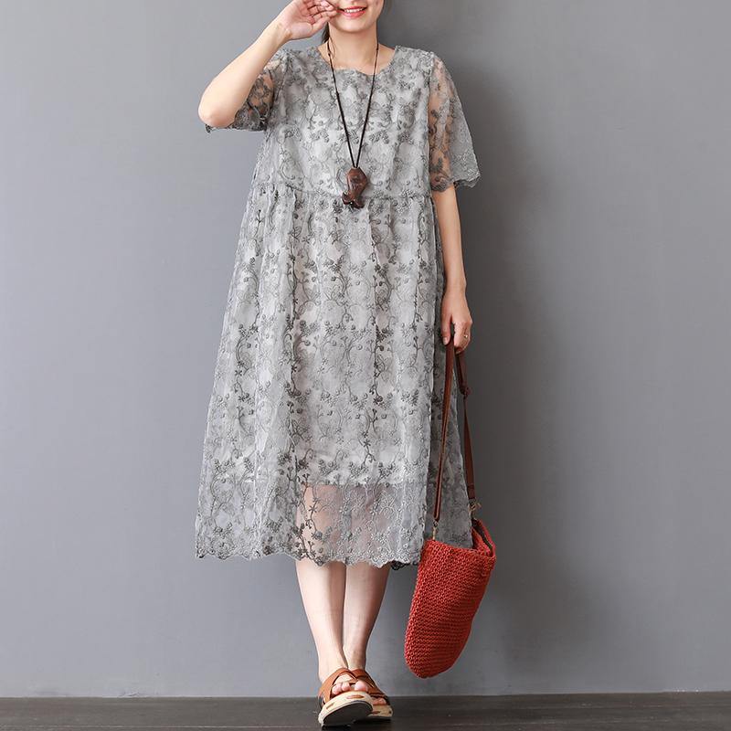 top quality gray knee dress plus size holiday dresses New twp pieces lace embroidery natural linen dress - Omychic