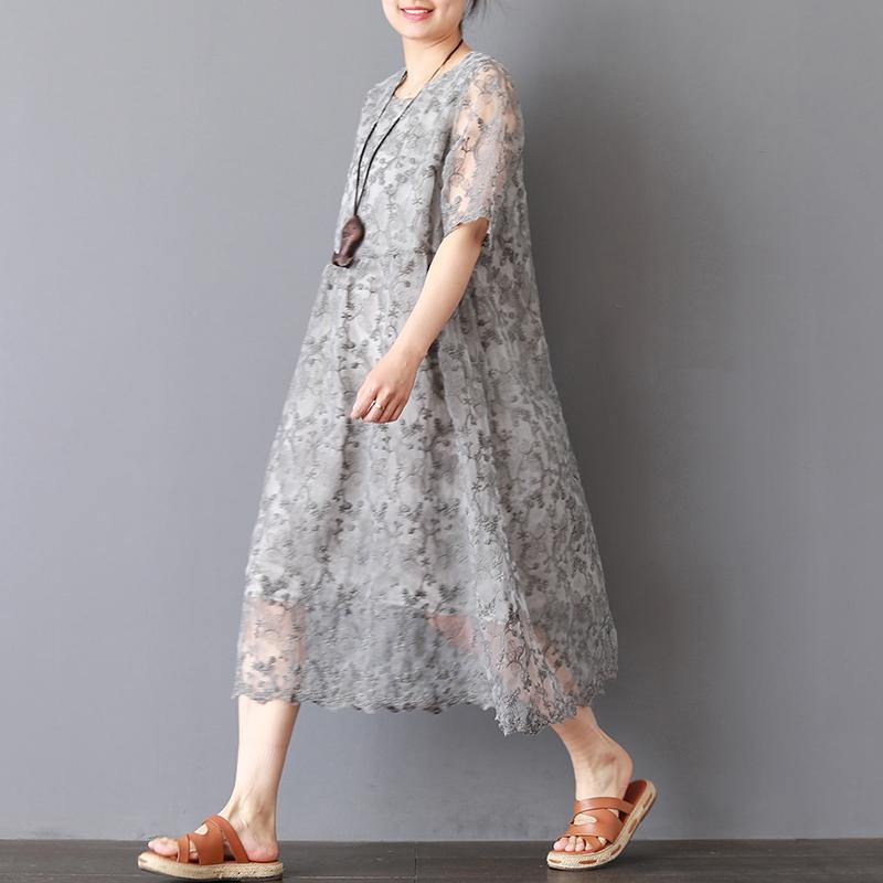 top quality gray knee dress plus size holiday dresses New twp pieces lace embroidery natural linen dress - Omychic