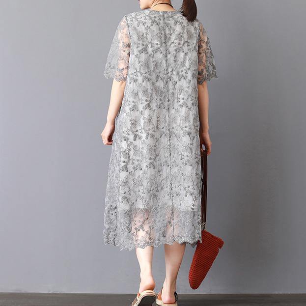 top quality gray knee dress plus size holiday dresses New twp pieces lace embroidery natural linen dress - Omychic