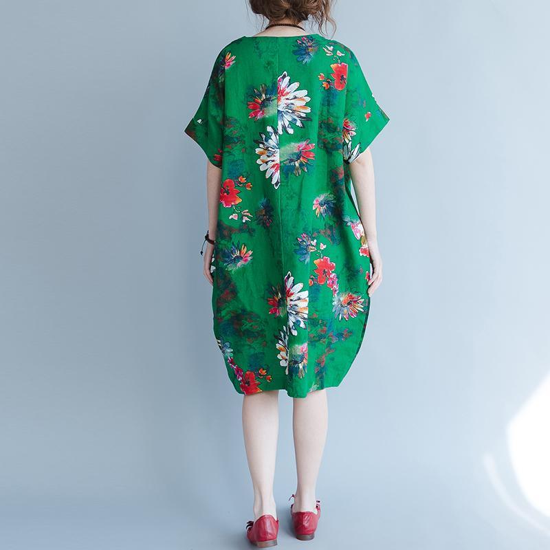 Top Quality Green Linen Dress Oversize Traveling Dress Boutique Short Sleeve Prints Linen Clothing Dresses - Omychic