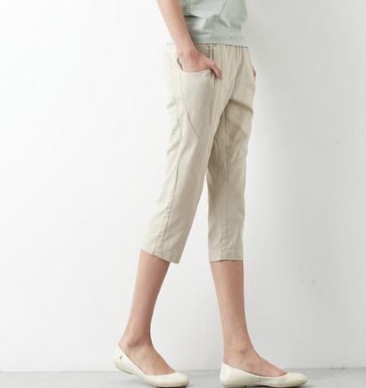top quality khaki linen pants summer crop pants casual elastic waist capri pants - Omychic