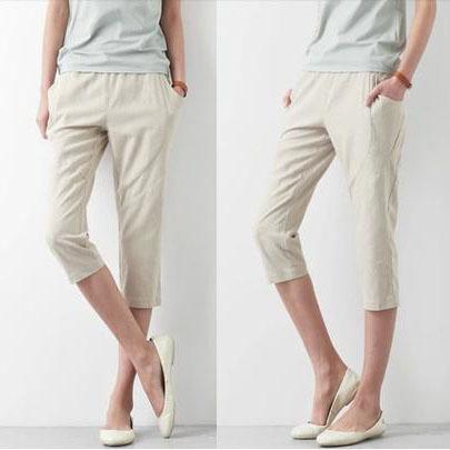 top quality khaki linen pants summer crop pants casual elastic waist capri pants - Omychic