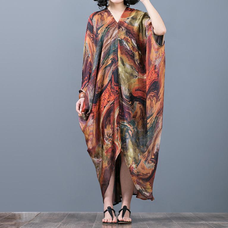 top quality khaki prints long silk dresses Loose fitting v neck traveling dress 2018 asymmetric kaftans - Omychic