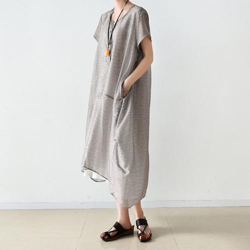 top quality light gray long linen dresses Loose fitting patchwork silk gown Elegant asymmetrical hem caftans - Omychic