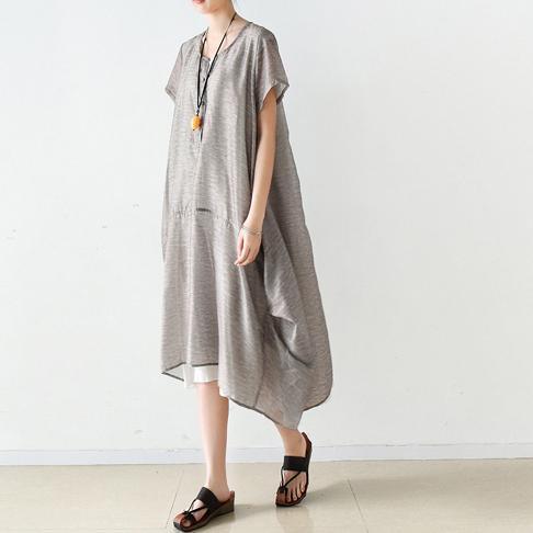 top quality light gray long linen dresses Loose fitting patchwork silk gown Elegant asymmetrical hem caftans - Omychic