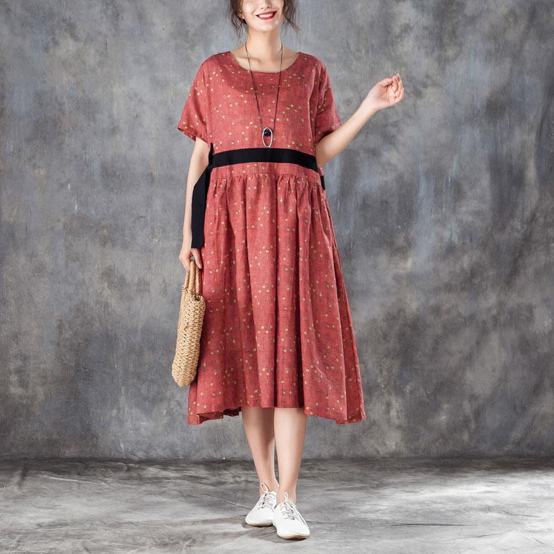 top quality linen caftans stylish Printed Lacing Short Sleeve Dresses Red Pleated Dress - Omychic