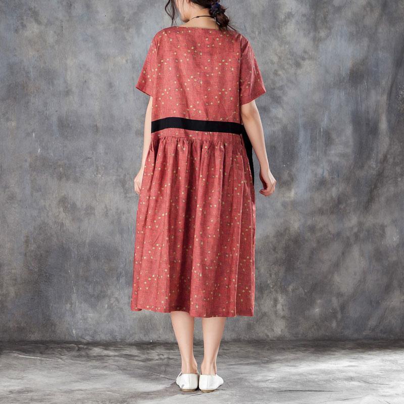 top quality linen caftans stylish Printed Lacing Short Sleeve Dresses Red Pleated Dress - Omychic