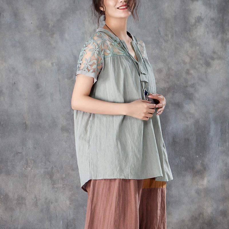top quality linen cotton tops plus size clothing Casual V Neck Short Sleeve Splicing Gray Tops - Omychic