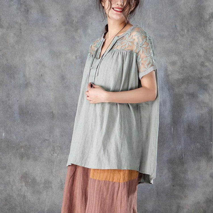 top quality linen cotton tops plus size clothing Casual V Neck Short Sleeve Splicing Gray Tops - Omychic