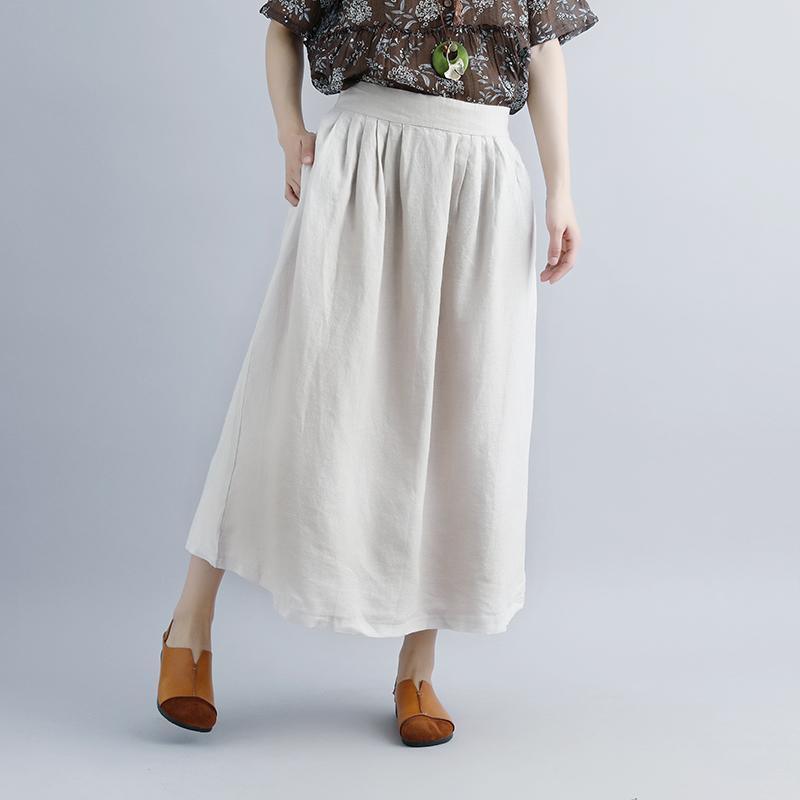 top quality linen maxi dress oversized Women Beige Casual Summer Pockets Long Skirts - Omychic